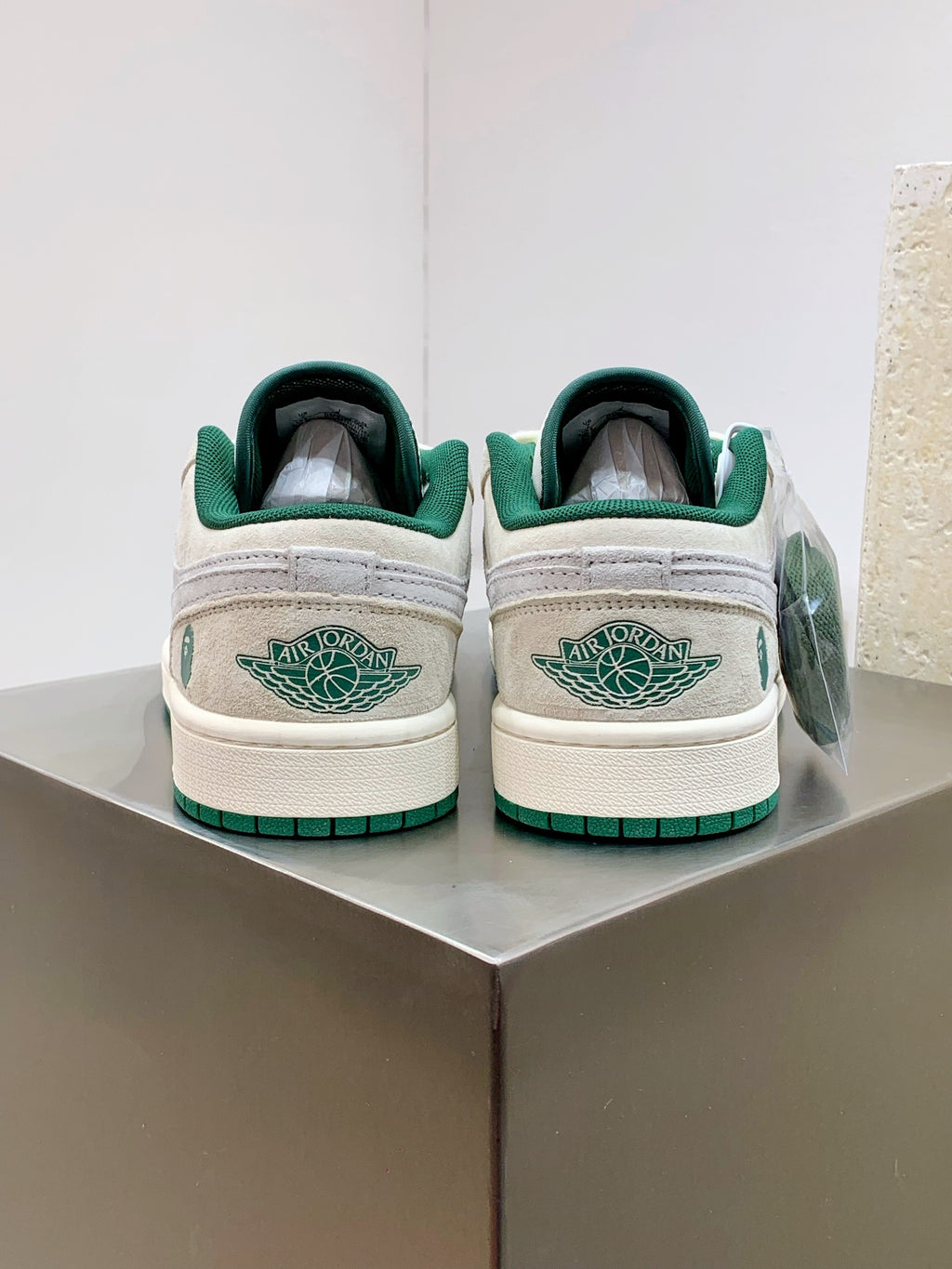 BAPE x Air Jordan 1 Low — White / Grey Suede / Forest Green