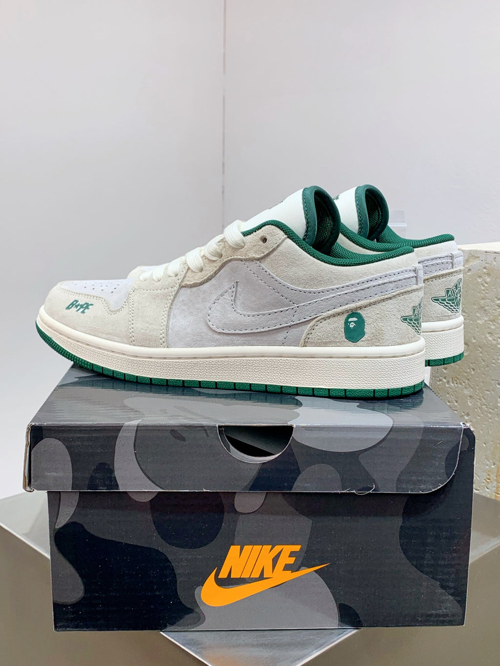 BAPE x Air Jordan 1 Low — White / Grey Suede / Forest Green