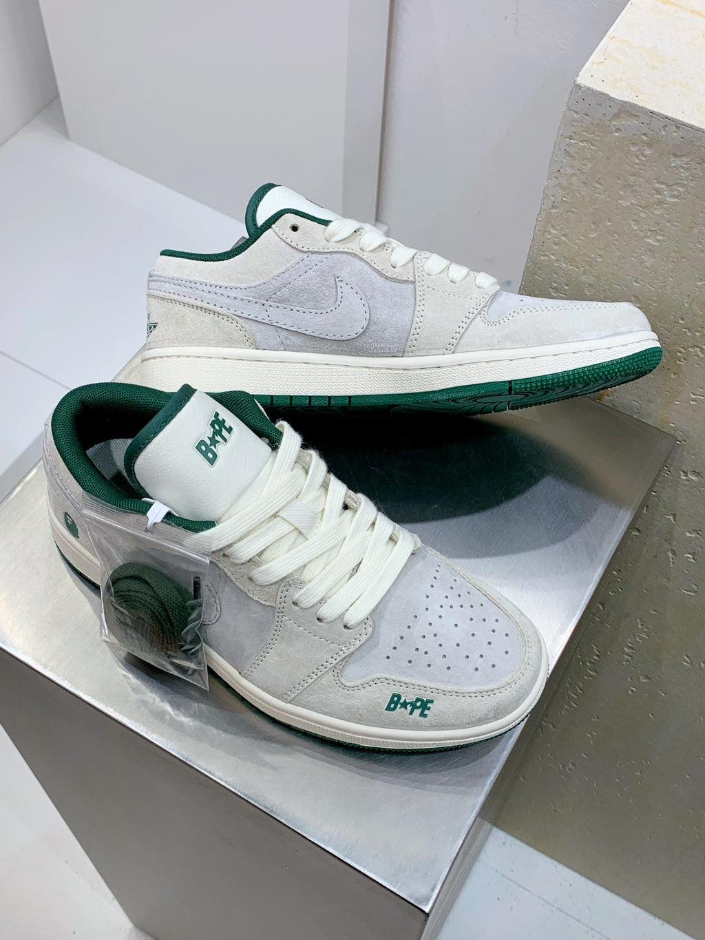 BAPE x Air Jordan 1 Low — White / Grey Suede / Forest Green