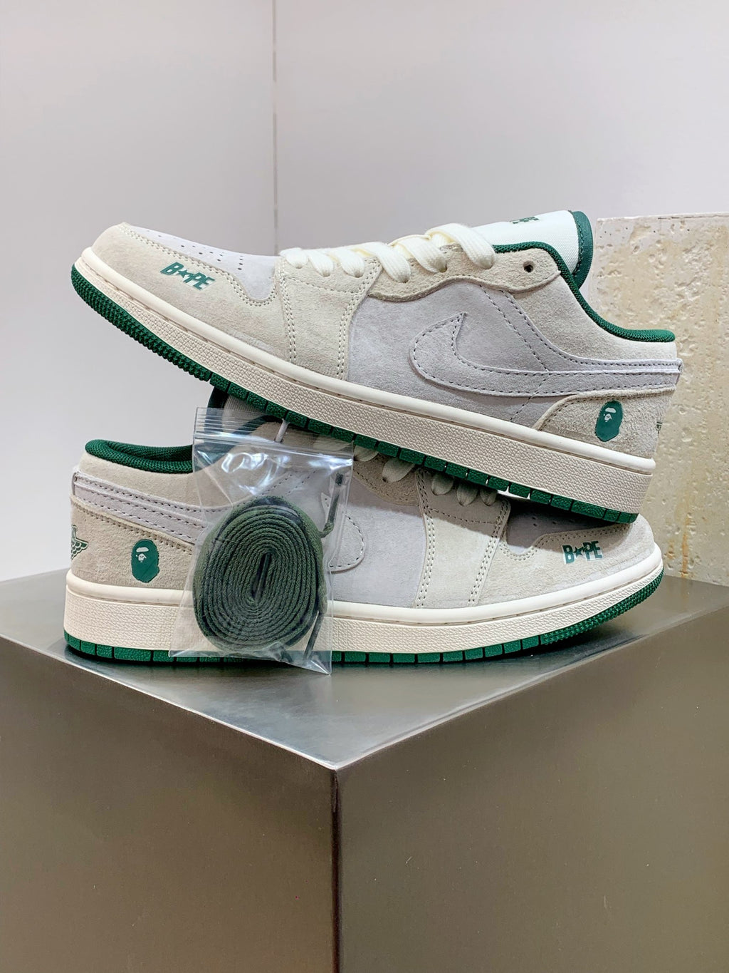 BAPE x Air Jordan 1 Low — White / Grey Suede / Forest Green